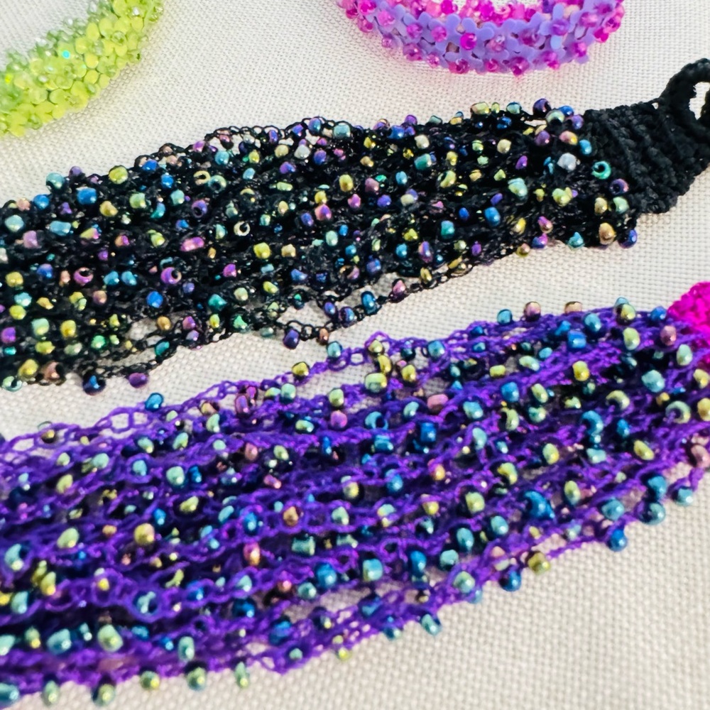 Handmade Beaded Bracelets Bundle seed beads Black Purple Green 7” Y2K - Picture 2 of 6